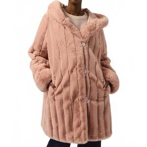 NEW JOSEPH RIBKOFF hooded reversible faux fur coat in rose